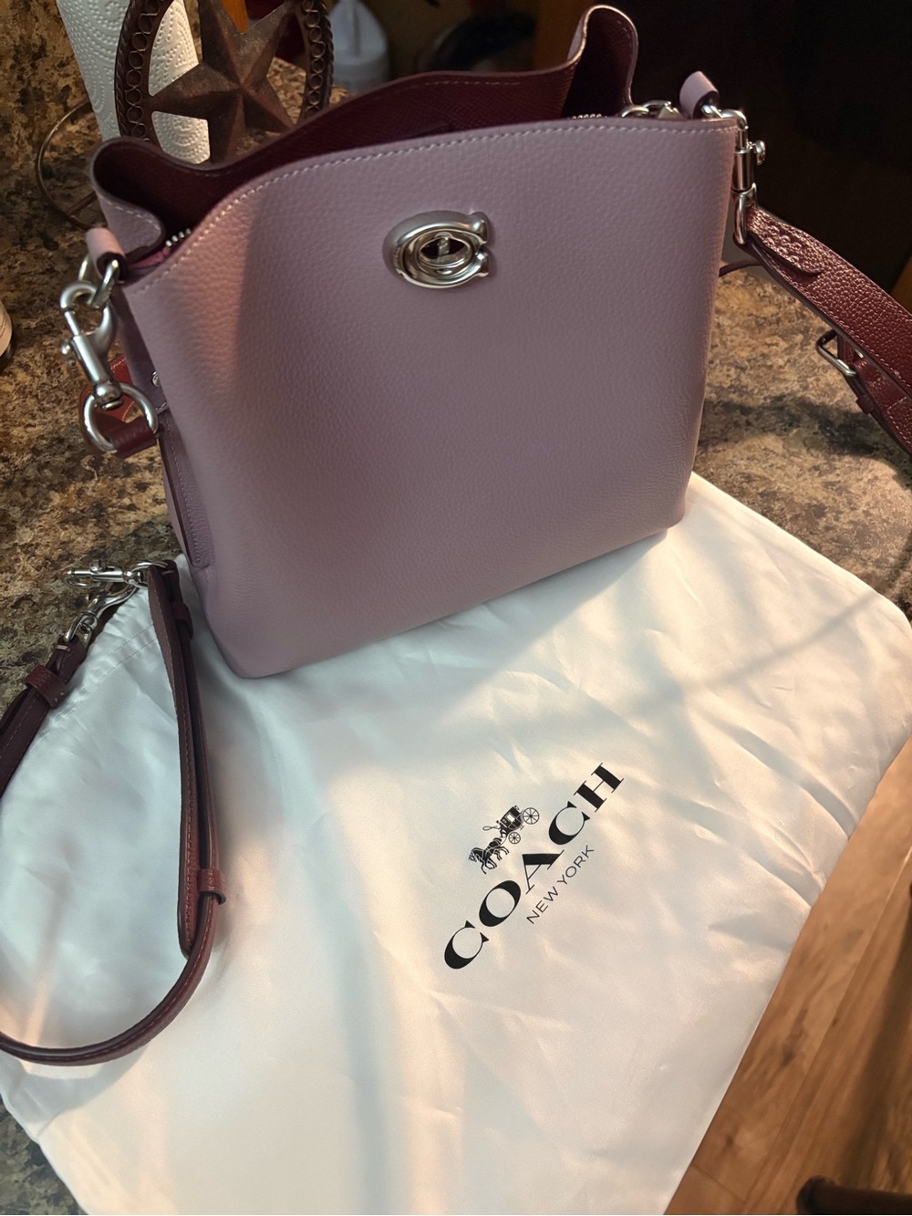 Coach Pebbled Leather Bucket Bag in Light Pink with Berry Trim